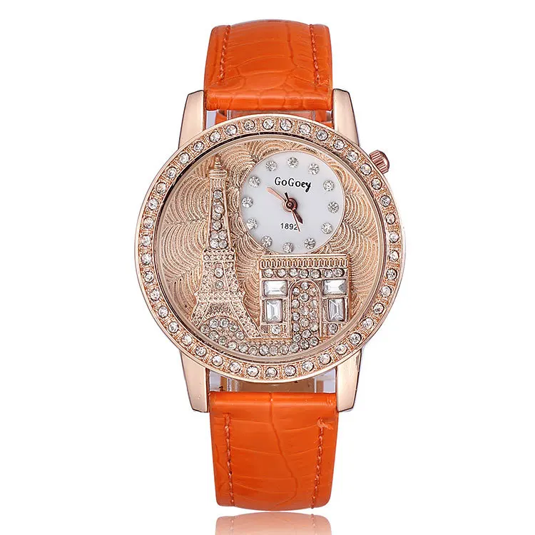 2014 Fashion watch quartz analog alloy Effiel Tower design big case crystal diamonds women leather strap wristwatches | Наручные часы