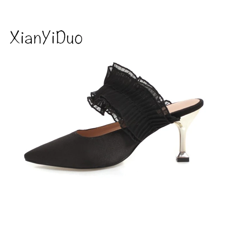 XianYiDuo/Летняя обувь женские шлепанцы на высоком каблуке с оборками и кружевом
