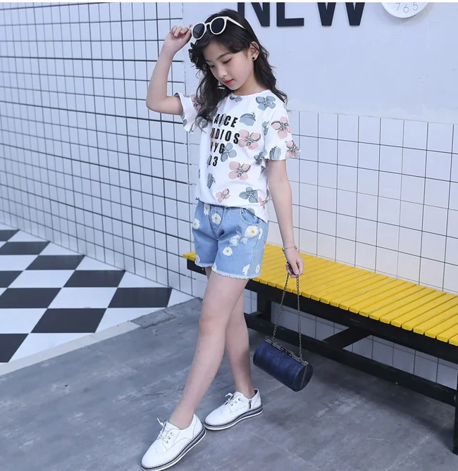 Летние хлопковые топы для маленьких девочек, футболка, Джинсовая юбка с вышивкой розы, комплект одежды для девочек 6, 8, 10, 12, 14 лет