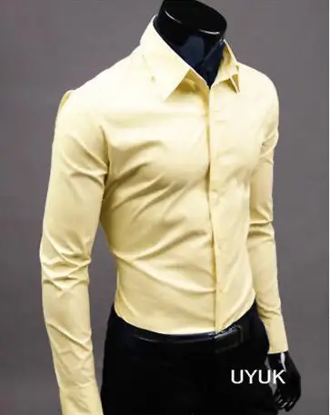 Light yellow 2019Men рубашка с длинным рукавом модные мужские Повседневное рубашки хлопок сплошной Цвет Бизнес Slim Fit социальные Camisas Masculina RD464 - Цвет: Light yellow