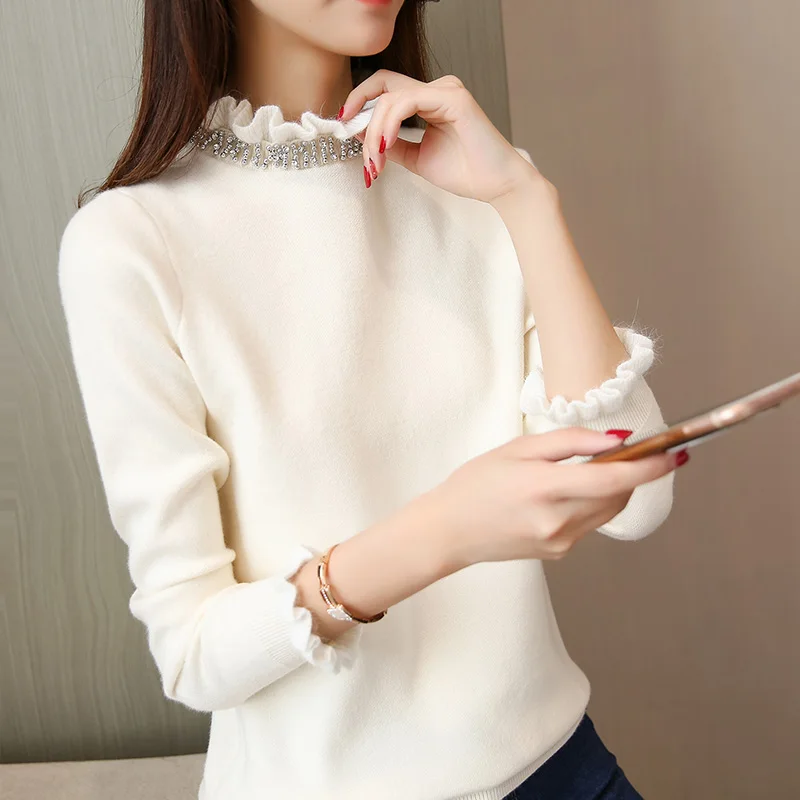 2021 new Autumn and winter long sleeved head fungus collar sweater female Korean version of slim solid knit shirt | Женская одежда