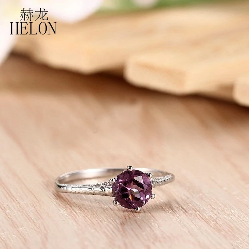 

HELON 925 Serling Silver Vintage Antique Jewelry Art Lady's Flawless 6.5mm Round 1CT Genuine Amethyst Engagement Wedding Ring