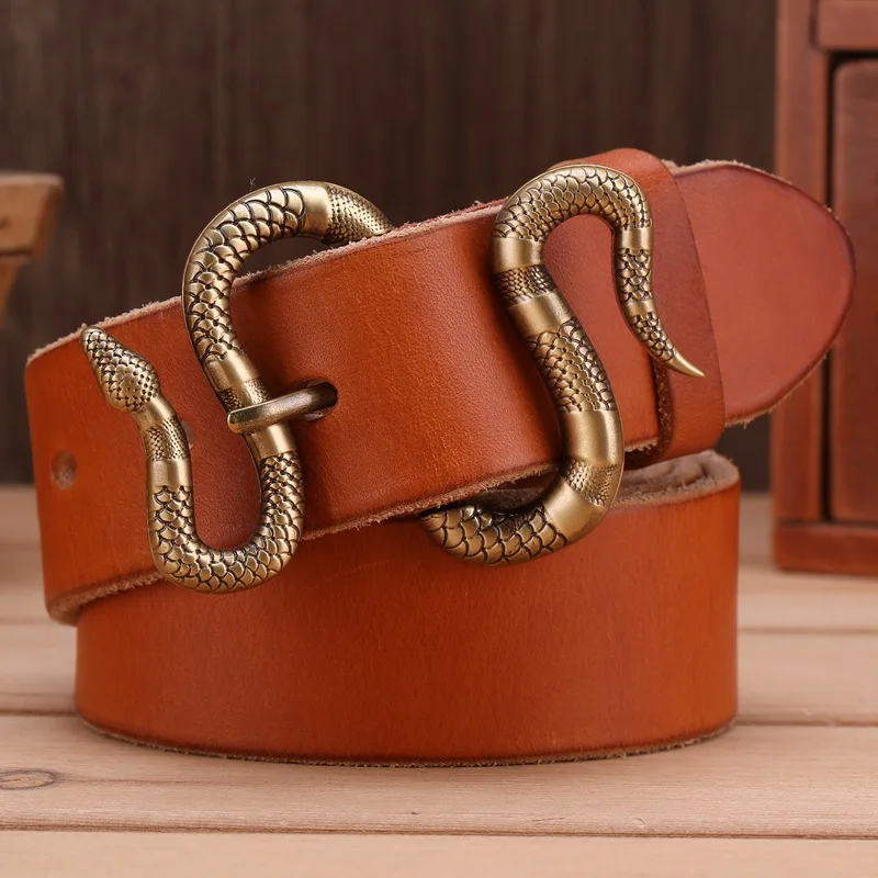 snake buckle camel Цельный латунный ремень с пряжкой под змеиную кожу для женщин и мужчин, роскошные ремни с натуральным лицевым покрытием из натуральной кожи, дизайнерский мужской ремень высокого качества g - Цвет: snake buckle camel