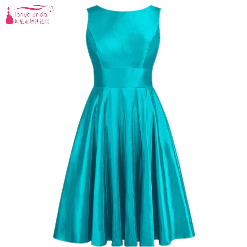 

Teal Green Scoop A Line Knee Length Bridesmaid Dresses Simple New Style Satin Bridesmaids Gown vestido de festa DQG079