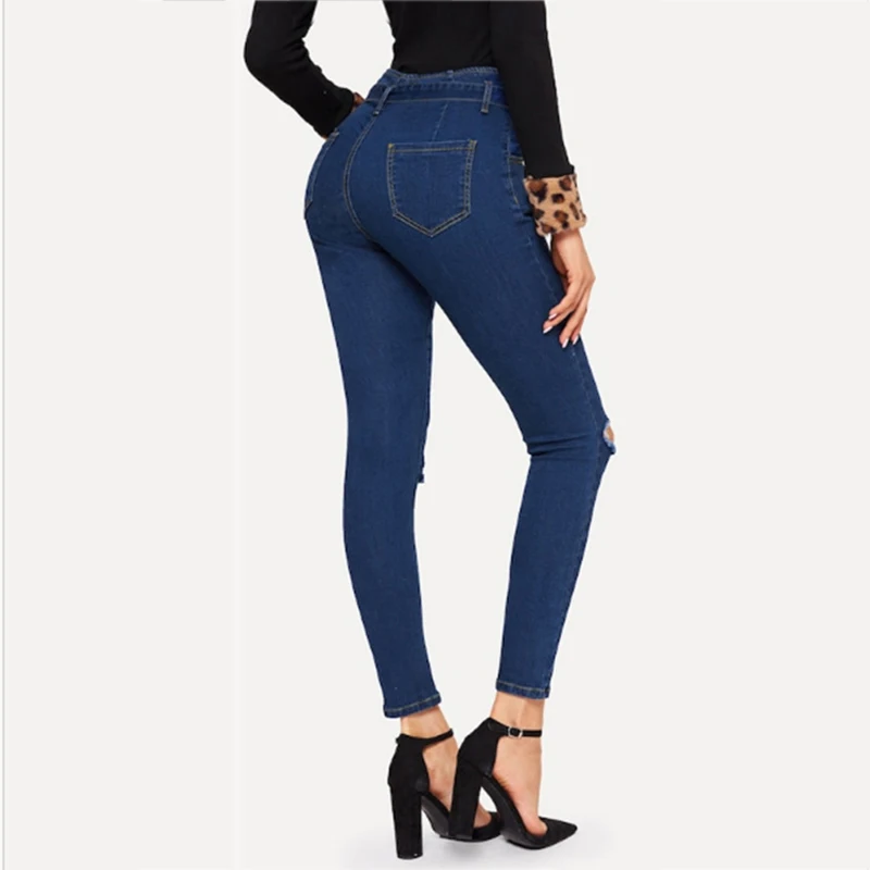 

Women's High Waist Sexy Jeans Women's Street Bandage Jeans Ladies Slim Pencil Pants Tight Hole Small Feet Elastic Jeans Ladies