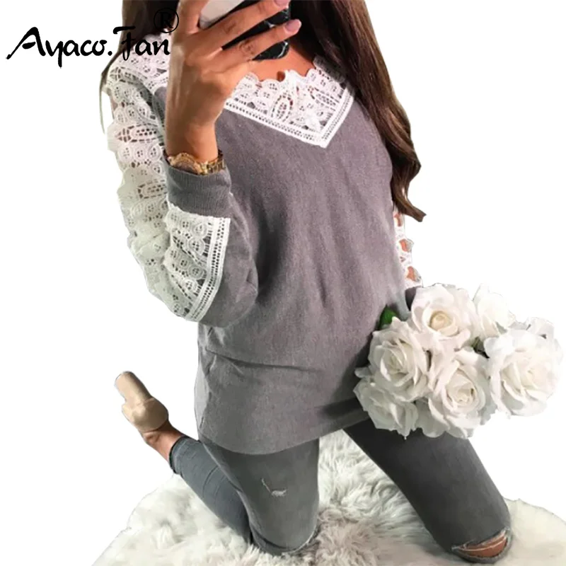 Lace Patchwork New Autumn Winter Knitted Sweater Women Full Sleeve Loose Gray Pullover Female Soft Casual Jumper Knitwear | Женская