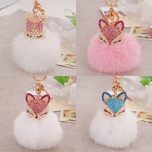 Милый подарок Bling Rhinestone лиса кролик брелок с пушистым шариком автомобильный