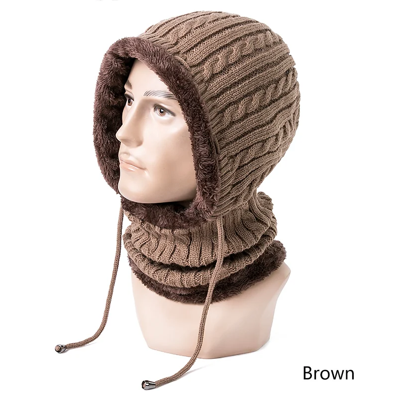GROUPJUMP модная зимняя вязаная шапка бини мужской шарф Skullies Beanies Зимние шапки капот холодный теплый - Цвет: brown