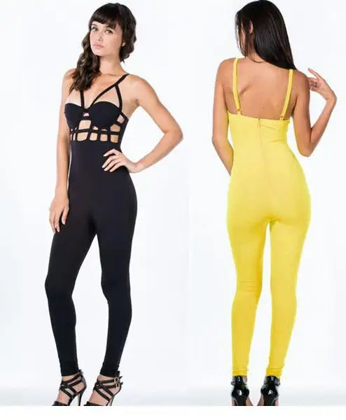 2014 New Fashion Women Garment Summer Rompers Sexy Black And Yello Sleeveless Hollow Out Long Jumpsuit Combinaison Overalls |