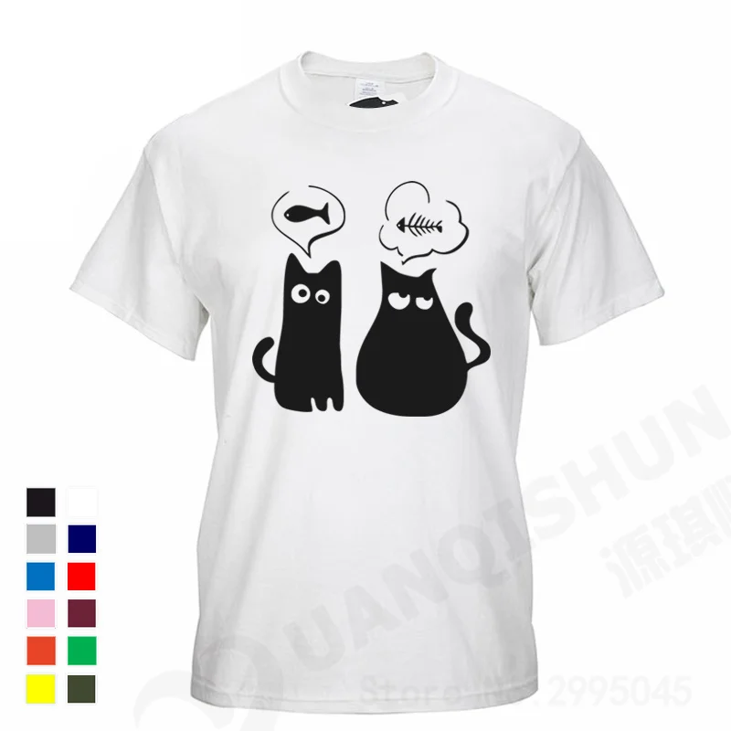 Тонкая футболка из 100% хлопка с рыбой и котом женские забавные мужские