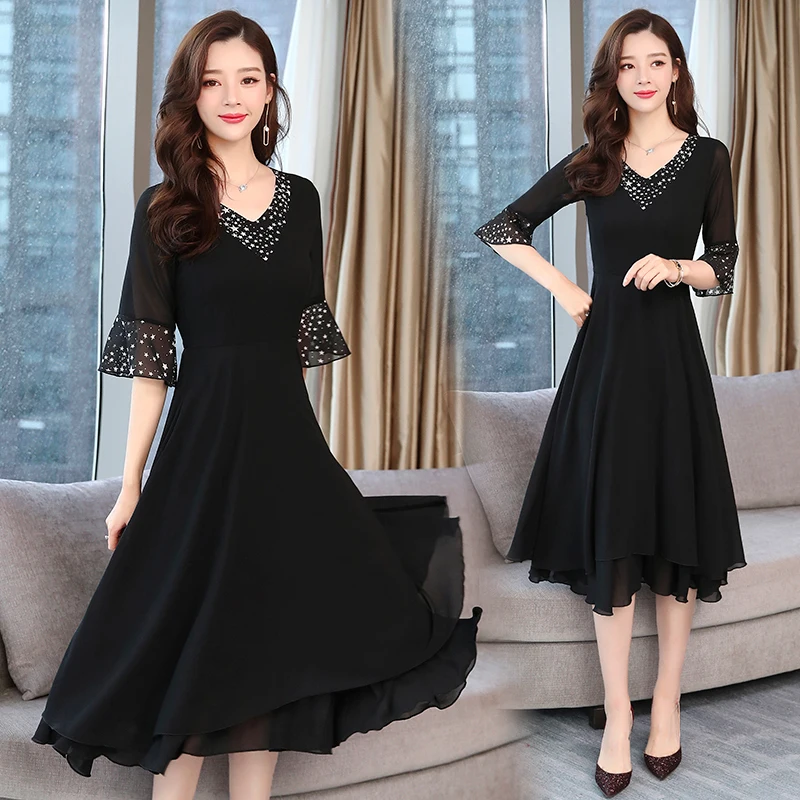 Женское платье с принтом винтажное шифоновое треугольным вырезом и коротким