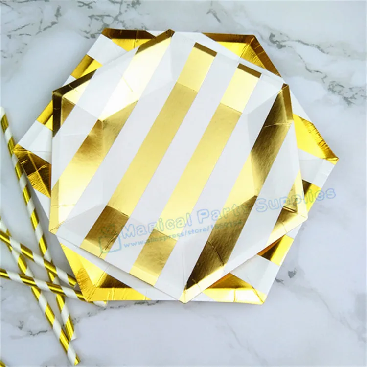 80 Sets Metallic Gold Striped Table Setting Paper Plates Dishes Cups Napkins Straws for Wedding Bridal Shower Bachelorette Party | Дом и сад