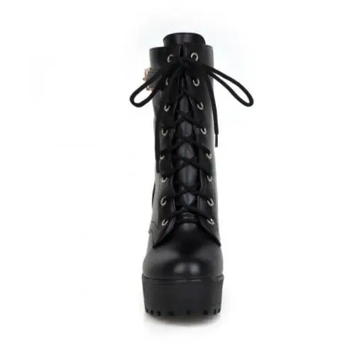 IPCCM Brand 2018 High Heels Boots Platform Sexy Lace-up Square Heel Mid-calf Motorcycle Ankle Size 35-43 | Обувь