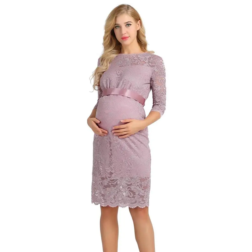 Mauve Womens Maternity Elegant Floral Lace Overlay Half Sleeve Vestidos Parties Pregnant Maternity Dresses for Photo Shoot Dress - Цвет: Mauve