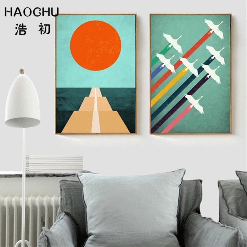 HAOCHU Triptych Modern Minimalist Landscape Abstract Mountain Sunset Decorative Canvas Painting Nordic Wall Picture for Home | Дом и сад