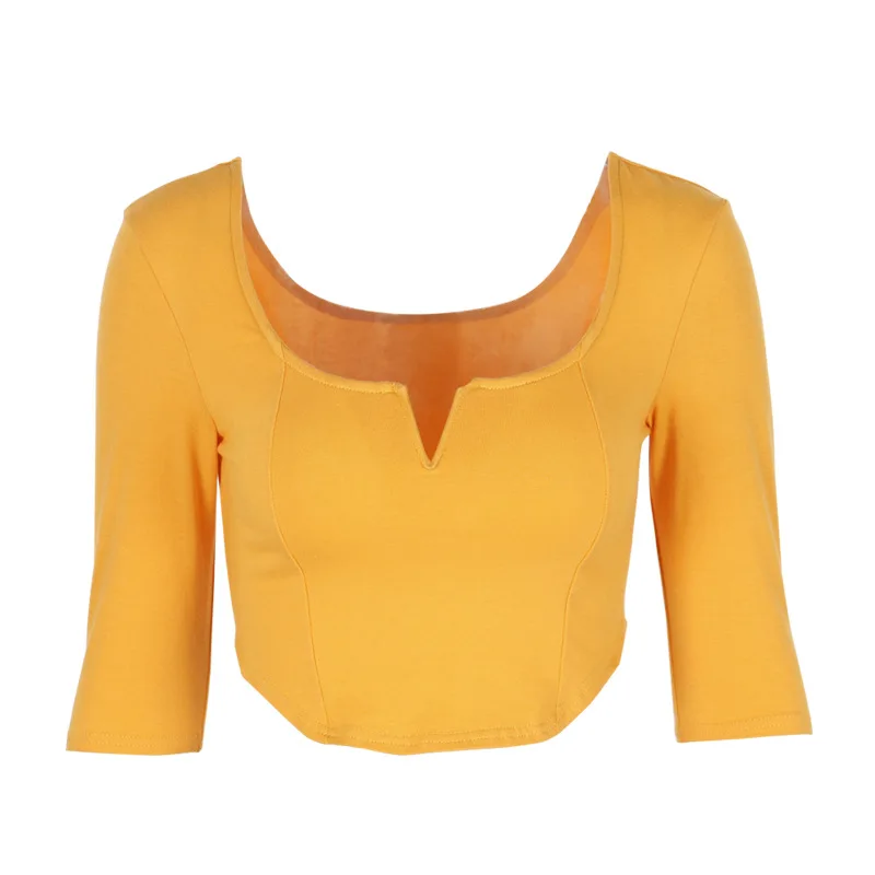 2019 Summer New Women Half Sleeve Casual Crop Top Sexy Fashion Square Neck Solid T-Shirt Collar Female Short Tee | Женские футболки и