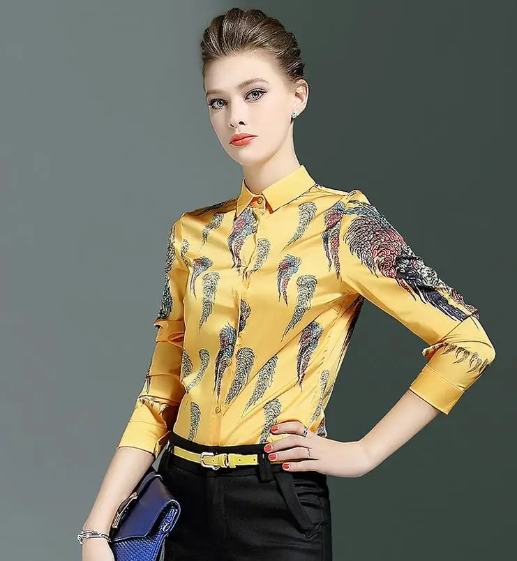 

High quality! Women's Original brand spring summer casual print shirt female long sleeve OL yellow shirt chic blouse tops TB715