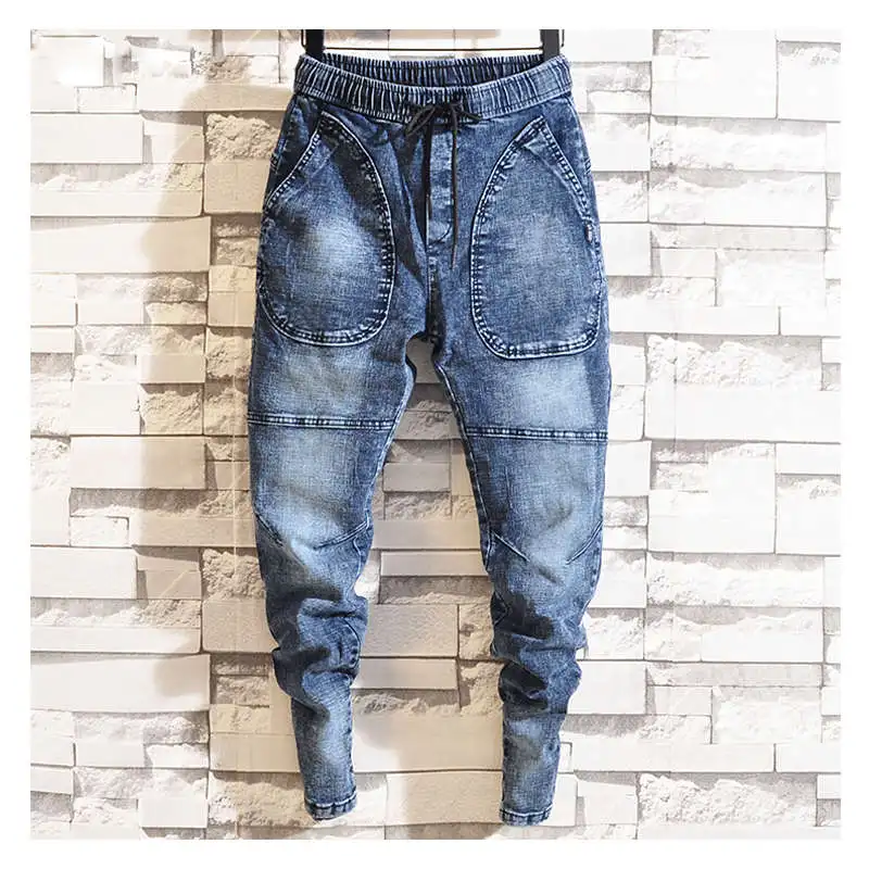 blue Idopy Spring New Men's Elastic Jeans Fashion Casual Hip Hop Loose Denim Jeans Black Blue Trousers Harem Pants Denim Joggers - Цвет: blue