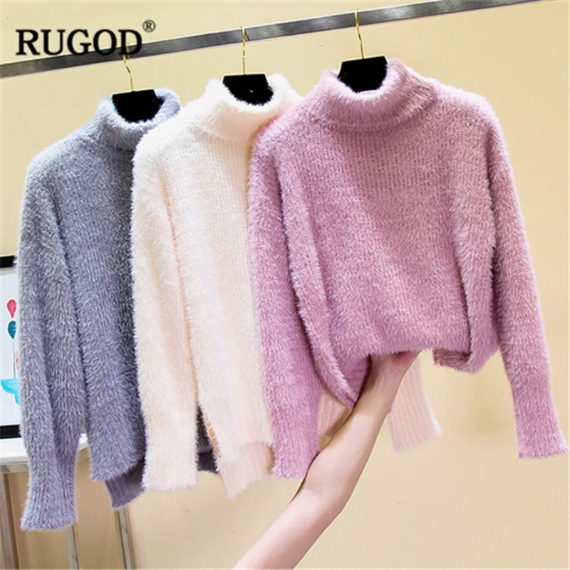RUGOD 2019 New Turtleneck Cashmere Sweater Women Solid Long Sleeve Dense Knitwear Pullover Female Soft Warm Sweaters Tops | Женская