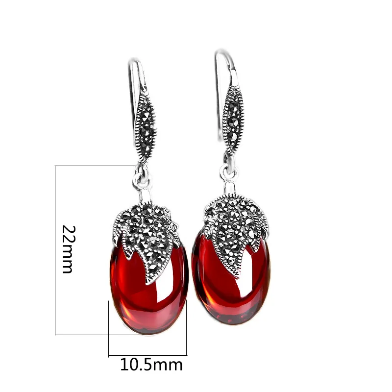 Винтажные длинные серебряные серьги для женщин с красным гранатовым листком из