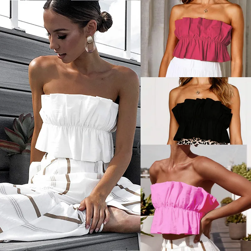 Модные однотонные топы с оборками, женские летние топы Boho Cami без бретелек, женские топы белого и черного цвета
