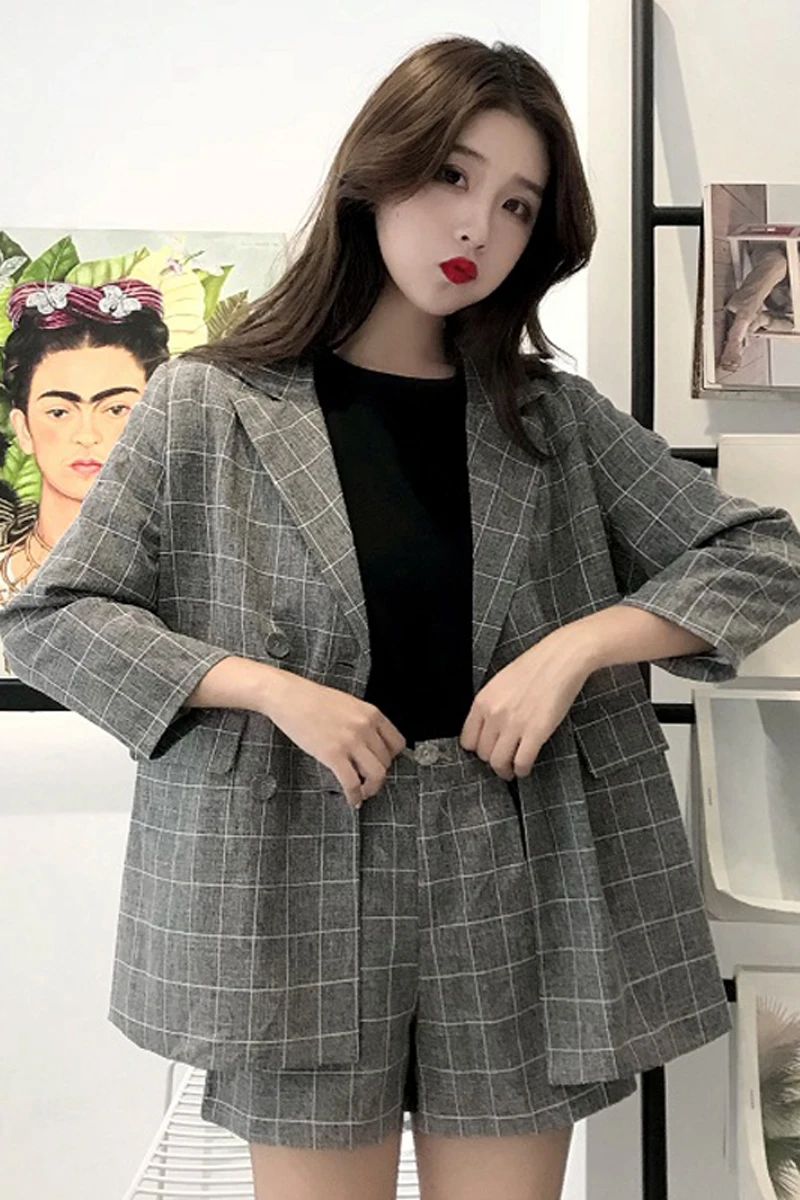 2019 Весна и Лето Корейская версия свободный женский клетчатый костюм маленький