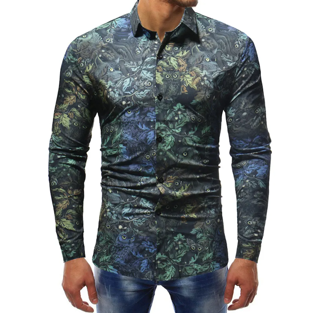 Модная весенняя повседневная мужская рубашка Slim Fit с цветочным принтом льняная