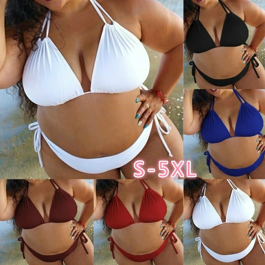 Women Plus Size Solid Bikini Set Sexy Bandage Hanging Neck Split Swimsuit Push Up Padded Swimsuit Bathing Suit Mayokini#Y1