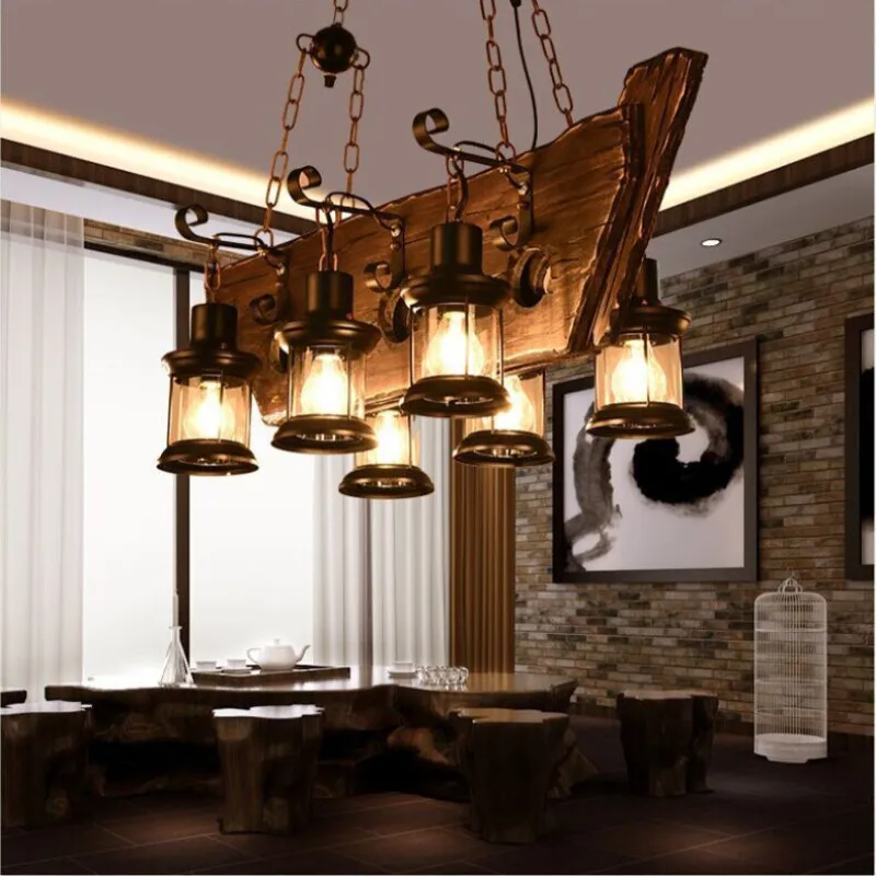 安い 新レトロな工業用風 LED シャンデリア 6 ヘッド歳木製カントリースタイルバーコーヒーショップ人格クリエイティブ Led シャンデリア