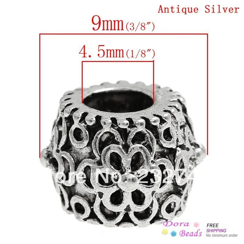 hot- European Charm Beads Barrel Antique Silver Flower Pattern Carved About 9mm x 8mm Hole:Approx 4.5mm 20PCs (B32294) | Украшения и