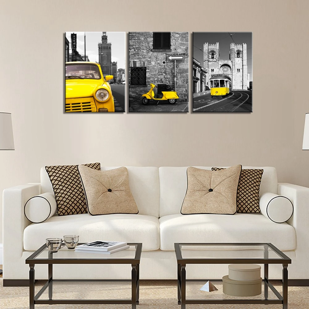 Черно желтый город Wall Art такси двигатель трамвай фото печать на холсте искусство
