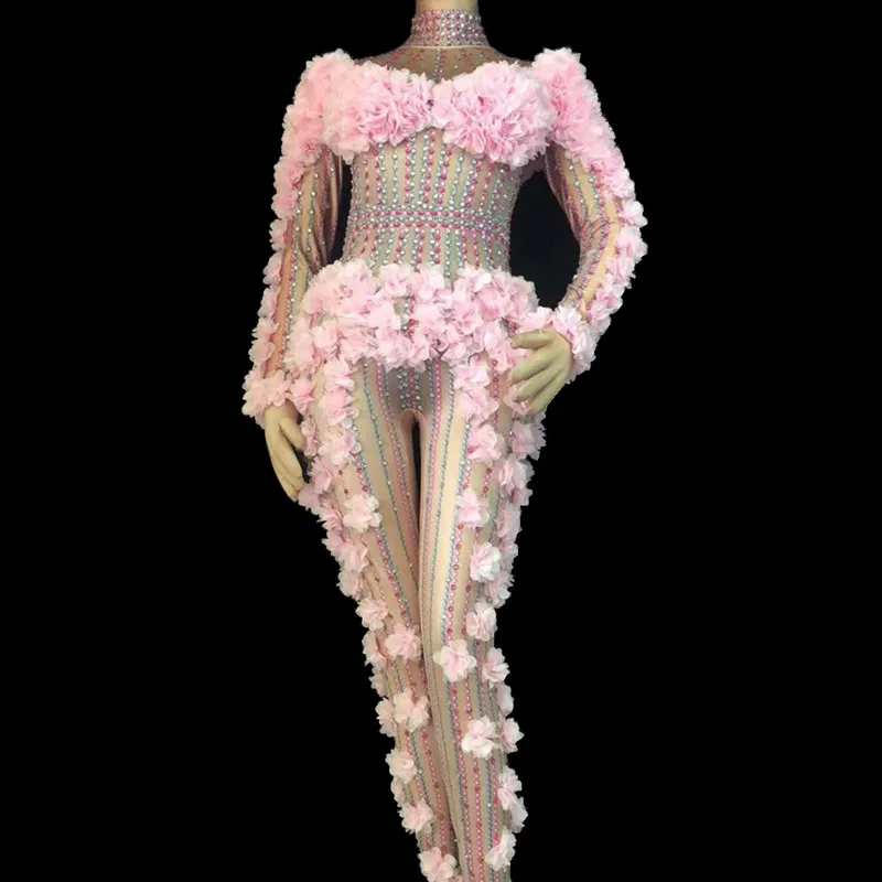 Bright Rhinestones Pink Flowers Jumpsuit Female Birthday Celebration Outfit Women Singer Stage Costume Sexy Nightclub Clothing