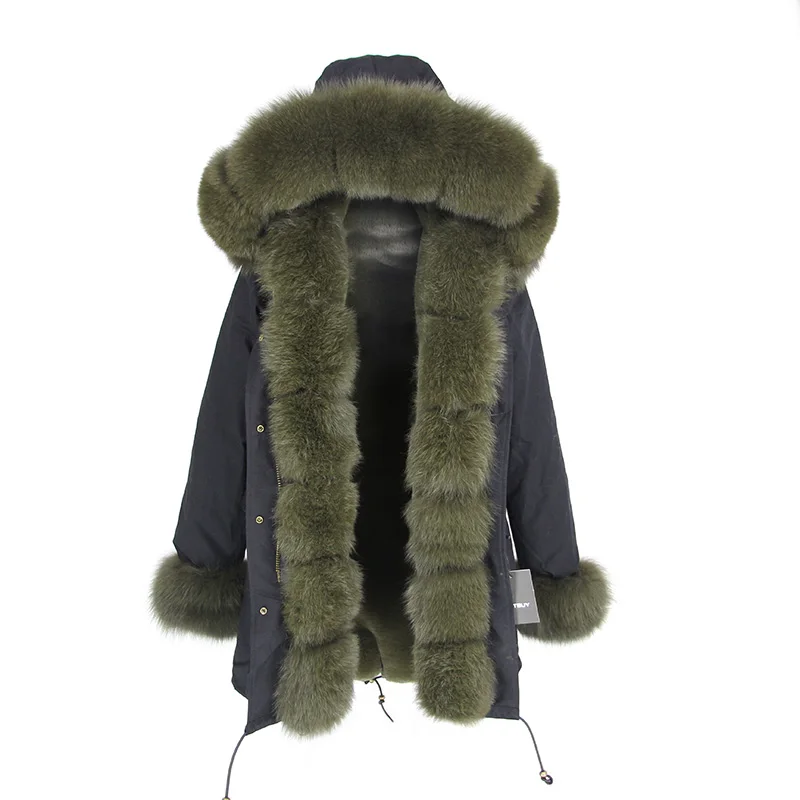 black army green Зимняя куртка, женская брендовая парка, новинка, длинная Джинсовая Верхняя одежда, толстые парки, натуральный Лисий мех, воротник, пальто с капюшоном, меховое пальто - Цвет: black army green