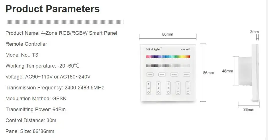 Milight AC 180-240 V 220 V T1 T2 T3 T4 4-Zone 2,4 GHz беспроводная сенсорная смарт-панель контроллер RGBW RGB+ CCT Яркость затемнения