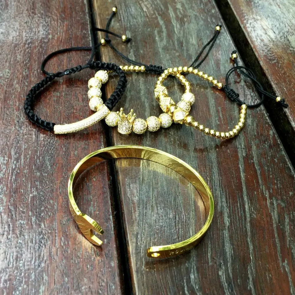 

Punk Hip Hop 4pcs/Set Stainless Steel Spanner Bracelet Men Micro CZ Gold Ball Bracelets Women Luxury Jewelry Pulseira Bileklik