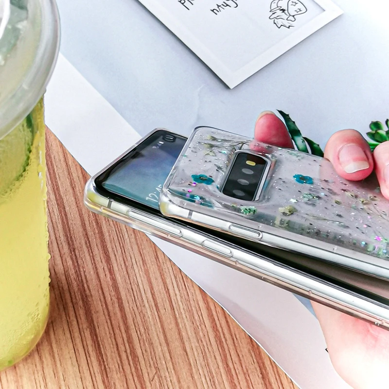 Прозрачные блестящие чехлы с высушенными цветами для samsung Galaxy S10 S9 Plus, прозрачные блестящие накладки на заднюю панель с настоящими цветами для Galaxy S9