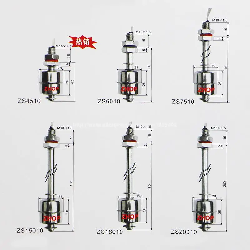 M10*45mm 220V 1.5A 50W Tank Liquid Water Level Sensor Stainless Steel Float Switch ZS4510 2A1 | Flow Sensors