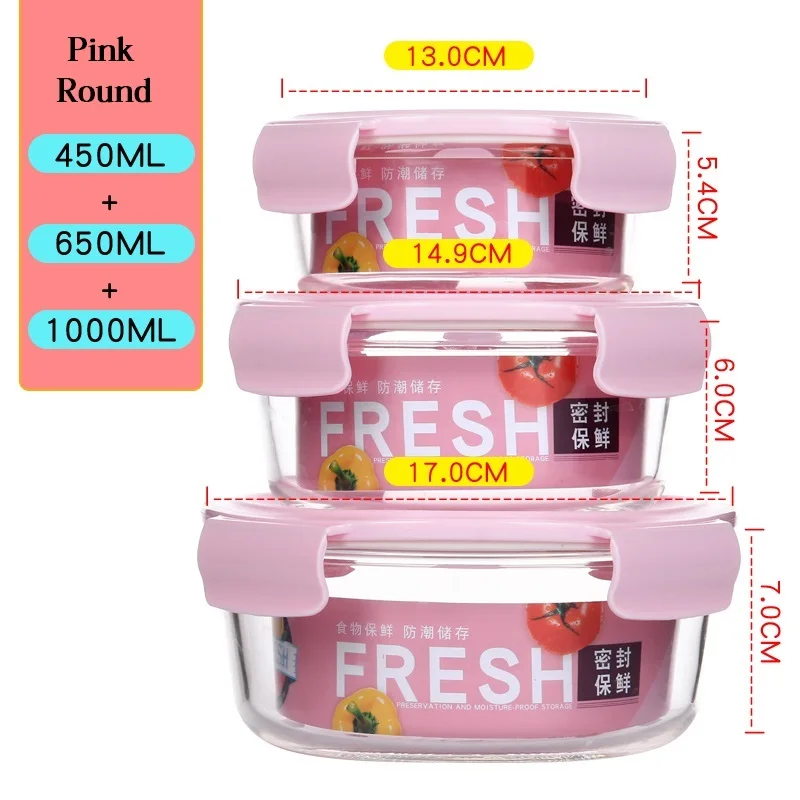 Pink Round 3 шт./компл. Портативный Еда контейнер Стекло Коробки для обедов с мешок школы микроволновая печь бенто ланч бокс прозрачный герметичные - Цвет: Pink Round