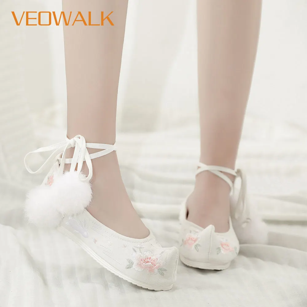 Veowalk/Женская хлопковая ткань с вышивкой; Hanfu; обувь на платформе с ремешком на лодыжке; винтажная Женская Удобная обувь; танцевальные балетки на плоской подошве