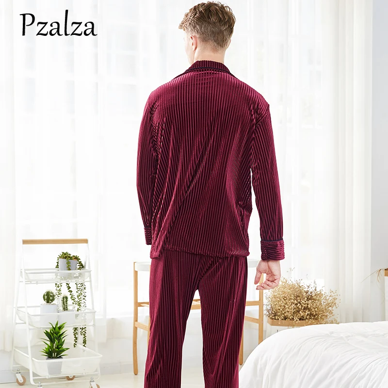2018 Pajamas Men Winter Long Sleeve Shirt+Pants Men's Pajamas Set Soft Velour Men Pyjama Homewear Red Green Brown L XL XXL