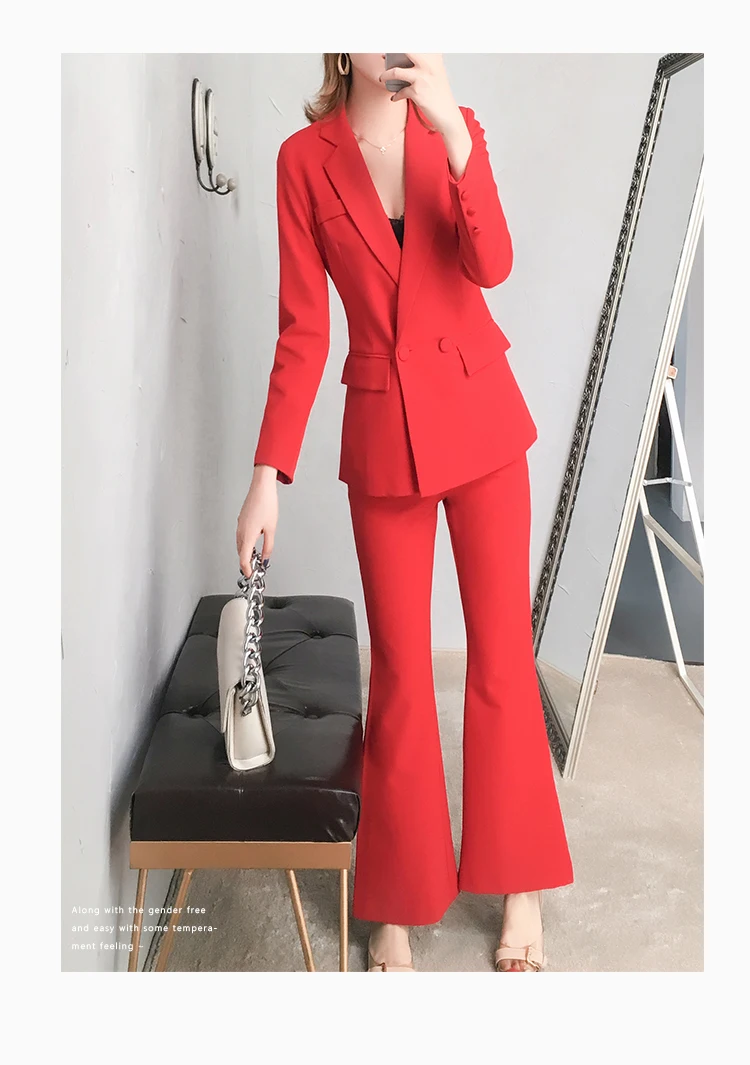 Высокое качество женский классический лацкан красный/черный тонкий костюм корейский Повседневный модный темперамент широкие брюки из двух частей