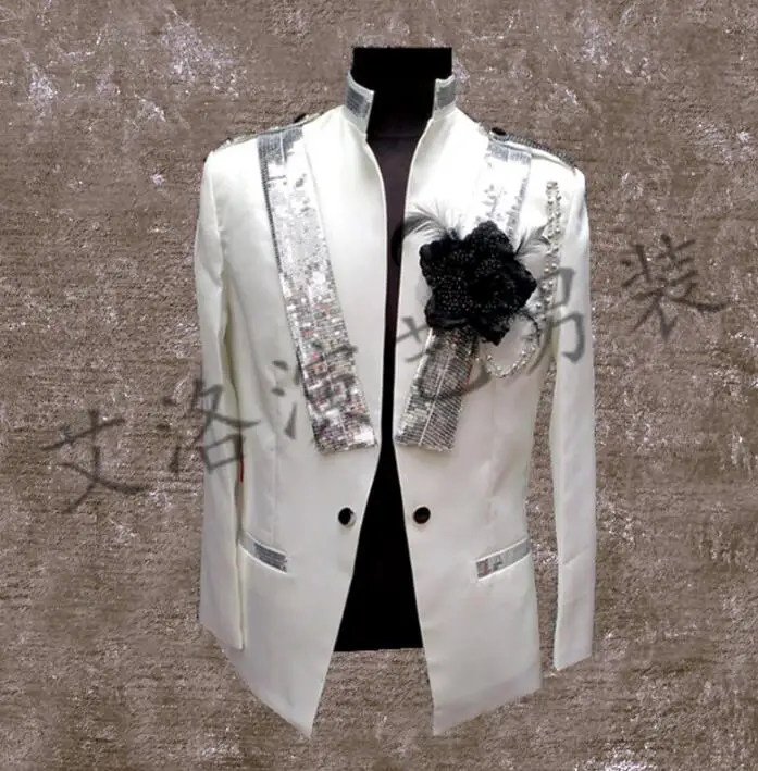 

Stand collar men suits designs stage costumes for singers men sequin blazer dance clothes jacket style dress punk rock white