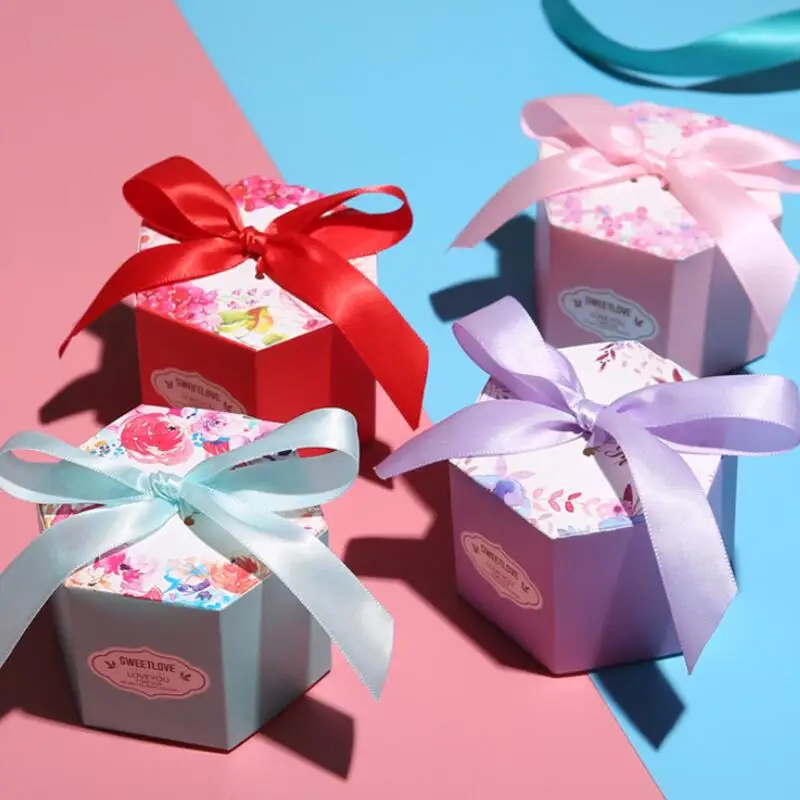 30pcs/lot Hexagon Ribbon Bow Gift Box Candy Cake Chocolate Biscuits Wedding Engagement Party Supply | Дом и сад