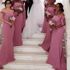 Атласные длинные платья подружек невесты с открытыми плечами 2019 Длинные платья в пол с бантом и рюшами Большие размеры