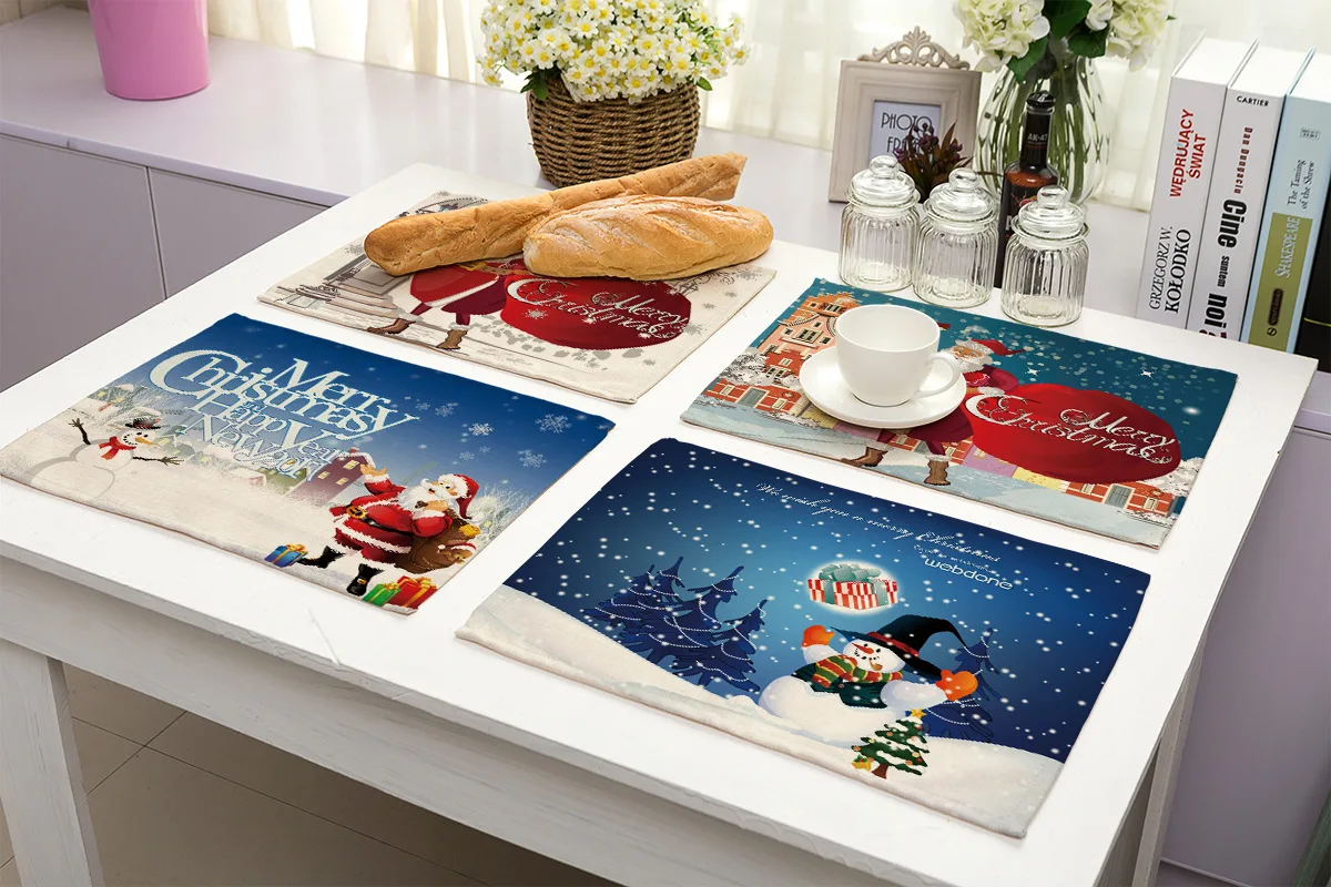 Cartoon Cotton Linen Christmas Placemat Rectangle Table Mats for Dining Table Home Kitchen Decoration Accessories Table Coaster