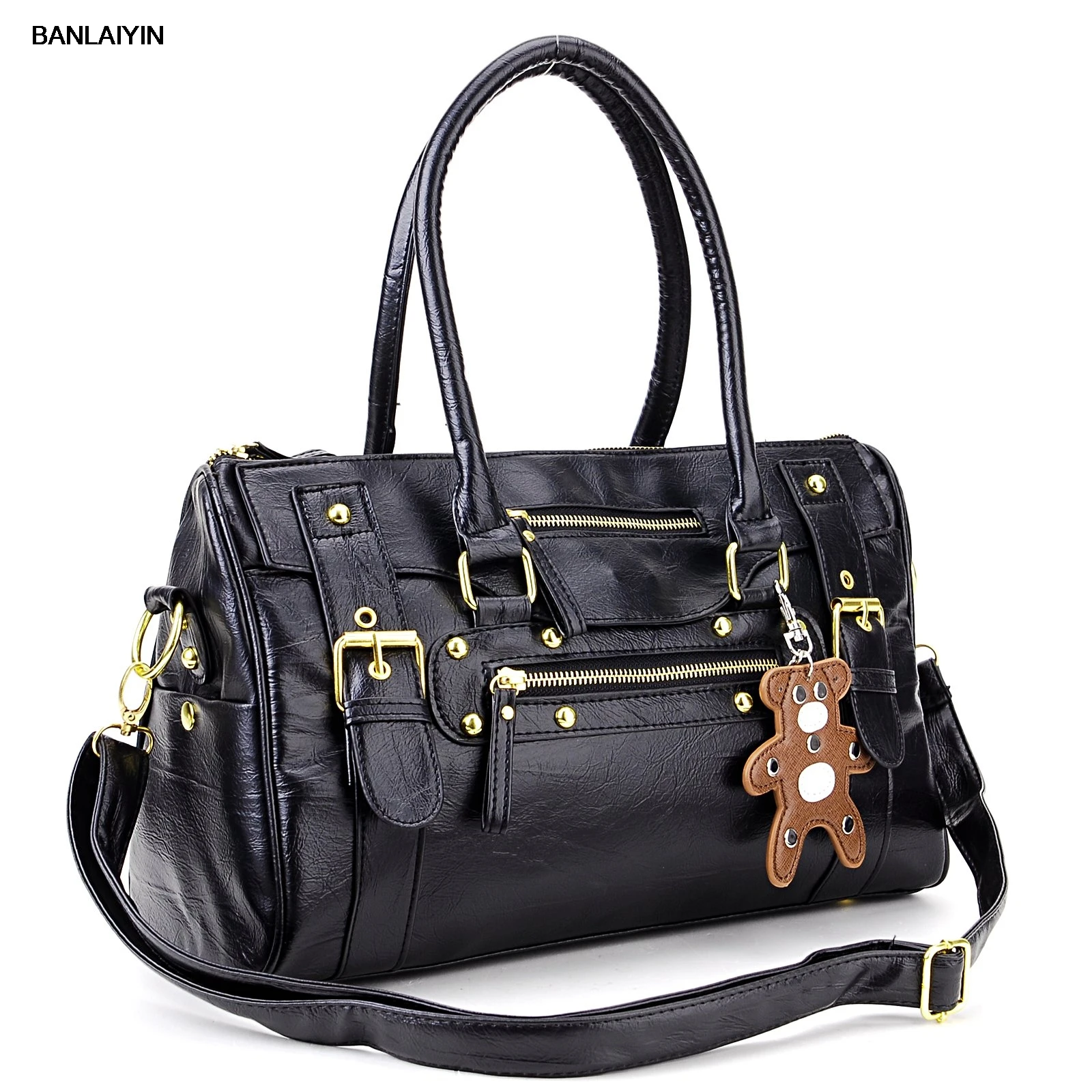 WholeTide 10 * AUAU Sac A Main Porte Noir Pour Femmes Cuir PU En Rayure Rocher Ave Un Petit Ours | Багаж и сумки