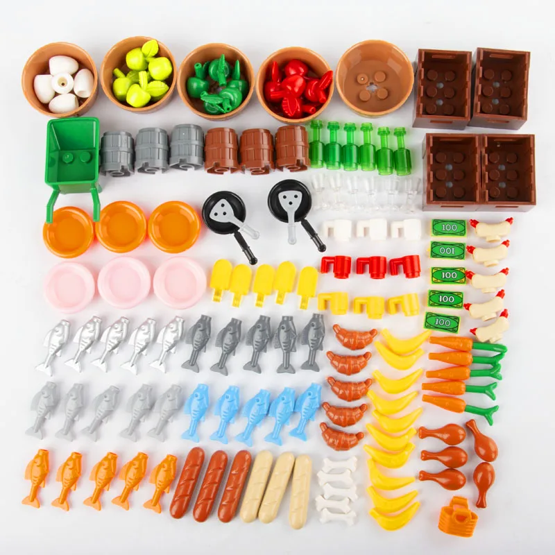 

144pcs City Accessories Building Blocks Figures Parts Food Fruit Bread Fish Bottle Friends Bricks Toys For Children