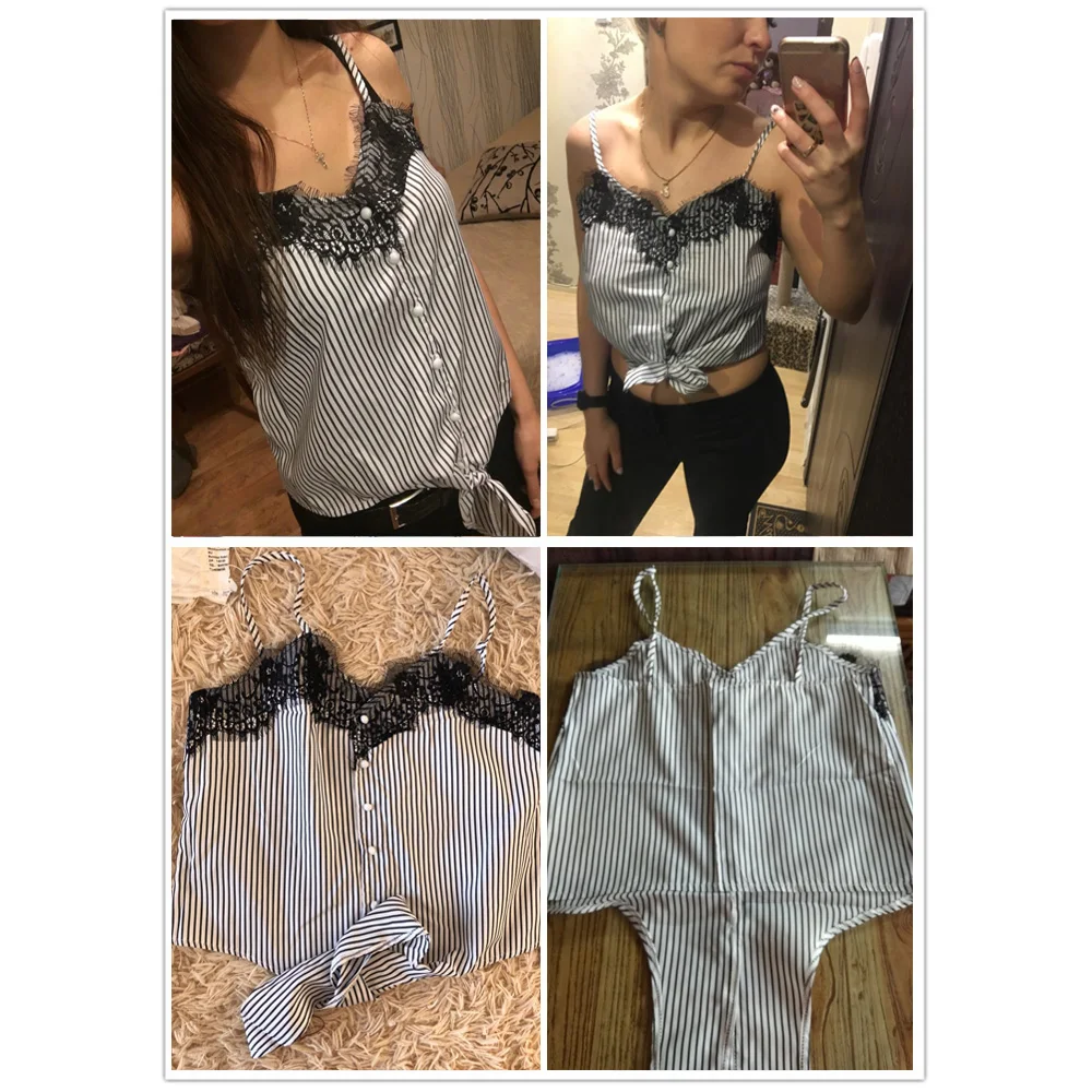 Женский кружевной топ на бретельках в полоску без рукавов свободный сексуальный