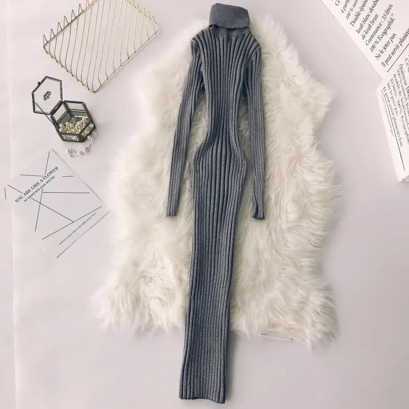 2019 новые модные женские платья осень и зима с высоким воротником длинными