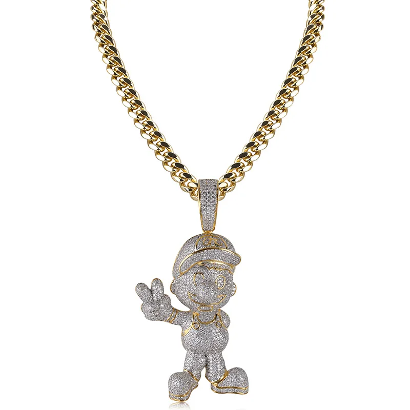 Хип хоп Bling Ice Out AAA CZ камень цвета золота мультфильм персонаж Марио мужские подвески ожерелья для мужчин раппер ювелирные изделия